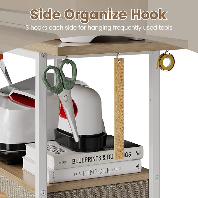 VENNQD Organizer and Storage Stand Compatible with Cricut Machines,Rolling Storage Cart/Shelf with 24 Vinyl Roll Holders，2 Fabric Drawer,Accessories Holder,Tool Hook for Craft Room Home (White Maple)