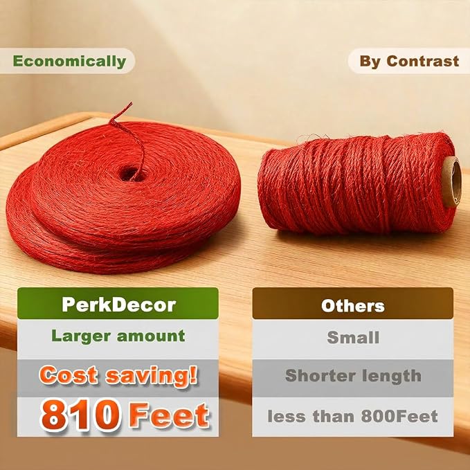 810FT Natural Jute Twine String Bulk Hemp Rope Cord for Crafts Gardening Gift Wrapping Wedding Décor Packing Material Burlap Ribbon Christmas Knitting Macrame Decoration (Red 2mm* 810ft)