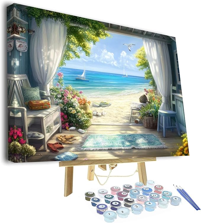 TUMOVO Paint by Numbers Kit for Adults, Adult Paint by Number - Cozy Seaside Cottage with Open Window, Serene Ocean View Landscape Art, Painting by Numbers Canvas, 16x20 Inch(Framed)