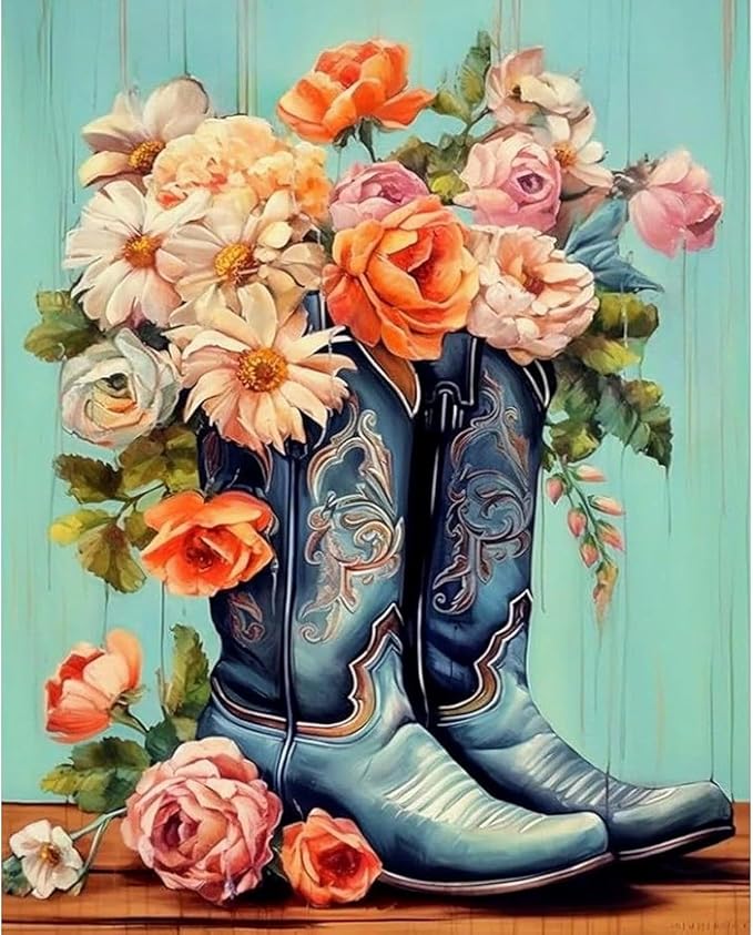 Dorwendis Boots Diamond Art Kits for Adults,Diamond Painting Kits12x16inch | 5D Diamond Painting Kits for Beginners,Flowers DIY Full Round Drill Diamond Dot Gem Art Kits for Home Wall Decor