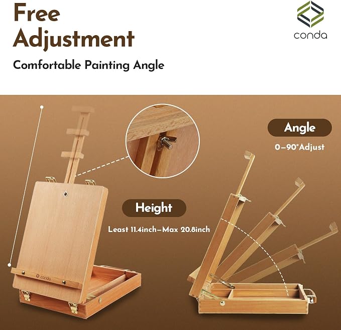 CONDA Premium Wooden Sketch Box Easel - Adjustable Tabletop Art Easel for Painting, Drawing & Sketching, Solid Beech Wood Design with Art Supply Storage, Ideal for Artists, Students & Beginners