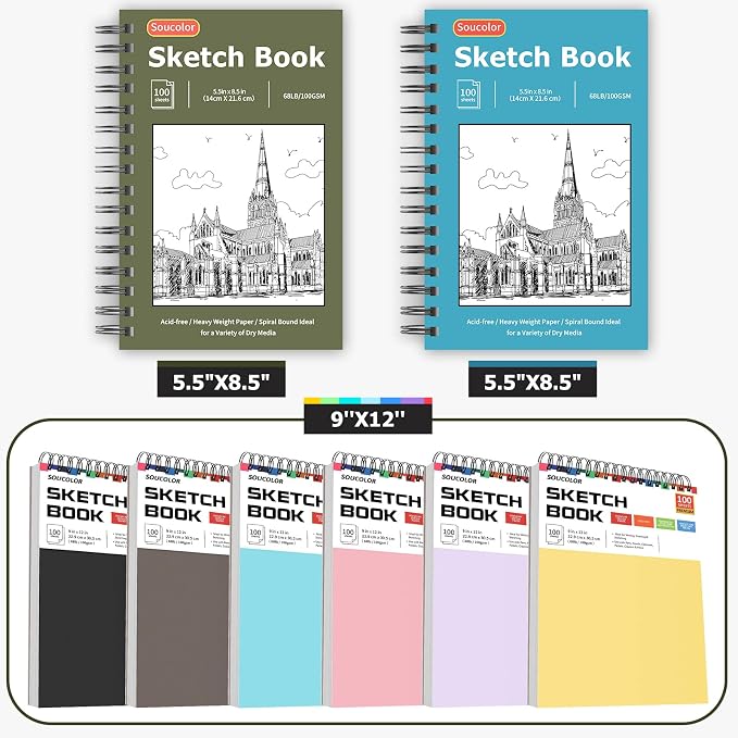 Soucolor Small Sketchbook 5.5" x 8.5", 2 Pack Mini White Sketch Book | Spiral-Bound Sketch Pads, 100 Sheets Acid-Free 68lb/100gsm Thick Drawing Paper for Kids Adults & Beginners Art Class Supplies