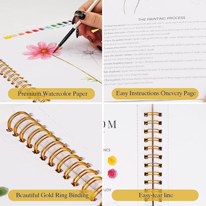 Watercolor Workbook for Beginners,18 Floral Water Coloring Book,Relaxing & Easy to Paint Water Coloring Book with 24 Colors-Perfect for Gifting to Creativity & Joy for Adults