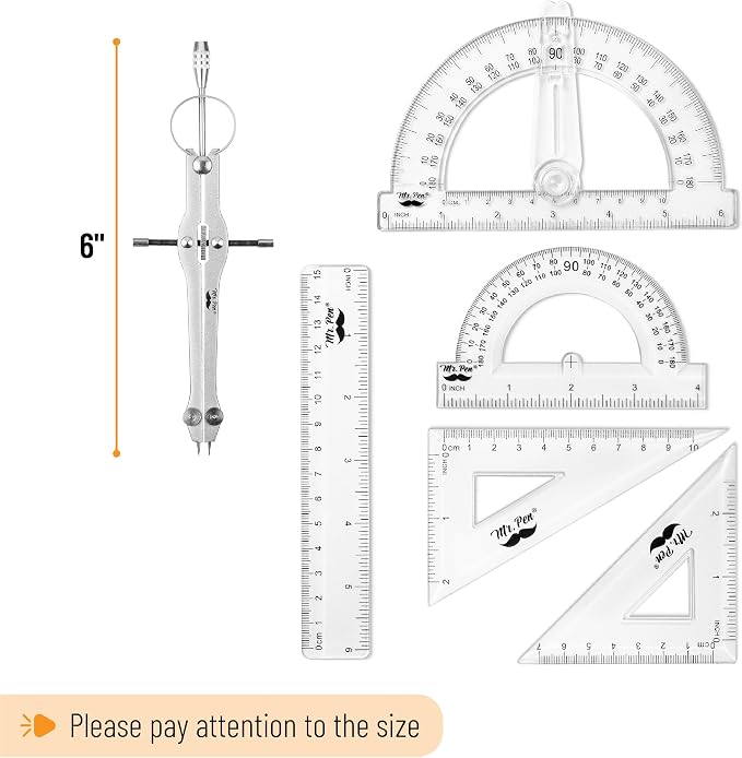 Mr. Pen- Geometry Set, 15 pcs, Light Blue, 6 Inch Swing Arm Protractor | Divider, Set Squares, Ruler, Compasses and Protractor