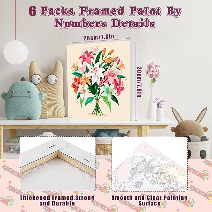 SYDYLH 6 Pack Paint by Numbers Kit with Frame, Easy Acrylic Painting for Kids & Adults, Flowers Paint by Number for Ages 6-12, 8x8 Inch DIY Art Set for Home Wall Decor