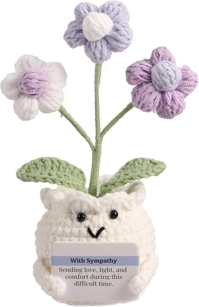 Crochet Sympathy Gifts for Loss of Loved One – Send Sympathy Crochet Puff Flower Potted Plant with Comfort Card – Bereavement, Grief Support Gift Idea for Grandpa Grandma Mom Dad Women Friends