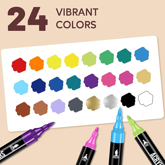Pagather Acrylic Paint Markers, 24 Colors Dual Tip Fine & Brush Pens Set | For Rocks, Fabric, Wood, Glass & More, Perfect for DIY Crafts and Creative Art Projects with Bright, Smooth and Quick-Dry Ink