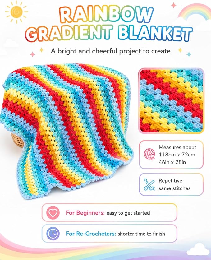 Aeelike Blanket Crochet Kit for Beginners,Rainbow Gradient Blanket