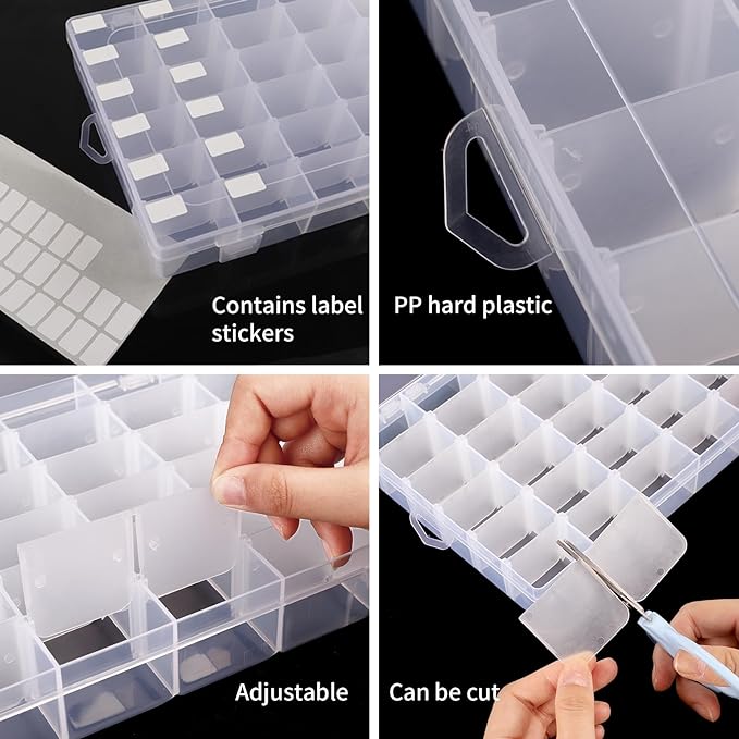 Bead Organizer Storage 2 Pack 36 Grid Jewelry Tackle Craft Box Adjustable | Clear Plastic, Adjustable Dividers, Label Stickers Included, for Beads Jewelry Crafts Fishing Tackle and Small Parts