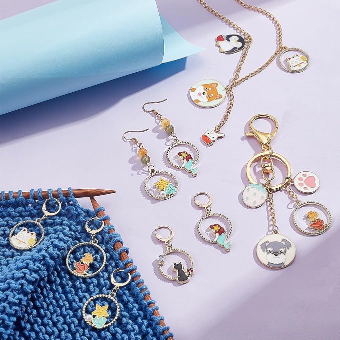 NBEADS 20 Pcs Round Ring Animal Stitch Markers, Alloy Enamel Crochet Stitch Markers 304 Stainless Steel Clasp Locking Charm for Knitting, Weaving, Sewing, Jewelry Making