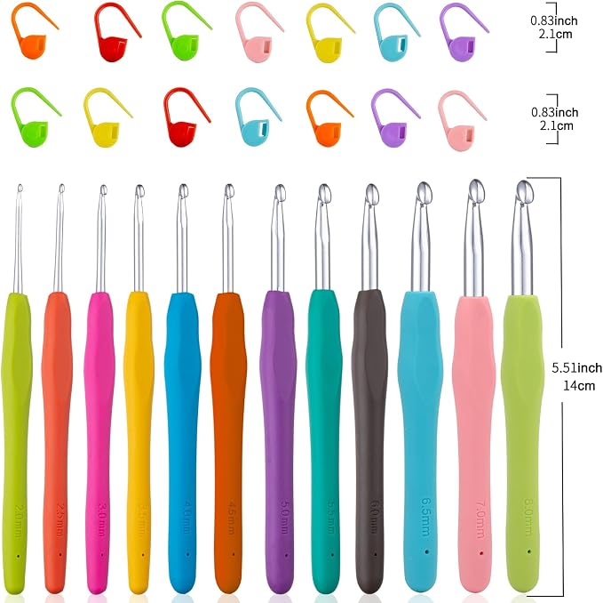 Vodiye 12 Sizes Crochet Hooks 2.0–8.0mm, Ergonomic Crochet Hook Set, Crochet Needles for Beginners, DIY Projects and Craft Lovers