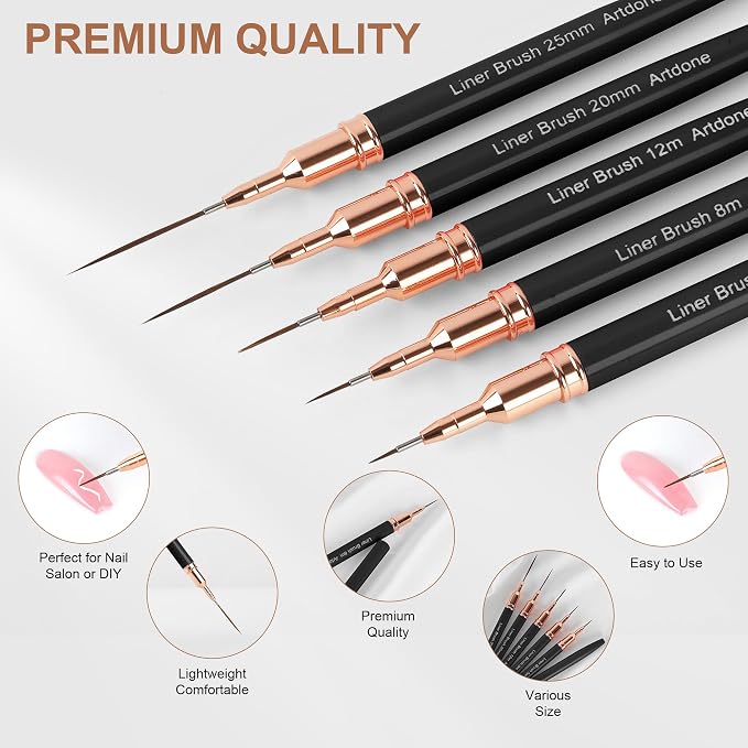 Artdone Metallic Nail Art Pens, Liner Brushes Set, 5PCS Black Nail Tools