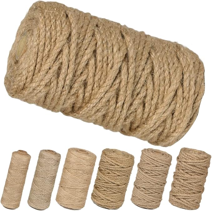 PerkHomy 5mm Jute Rope 105 Feet Twisted Heavy Duty and Thick Twine Rope for Cat Scratcher Scratching Post Tree Craft Projects Gardening Home Decoration Packing Bundling (105FT * 5mm) (Pack of 3)