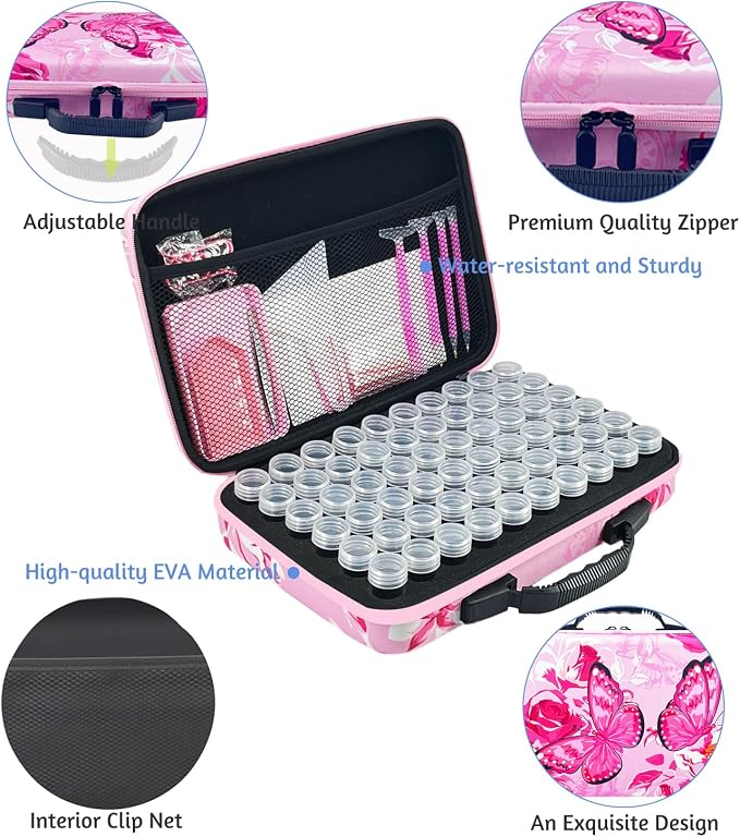 60 Slot Diamond Painting Storage Containers | Pink 60-slot storage box with tools & accessories for diamond art