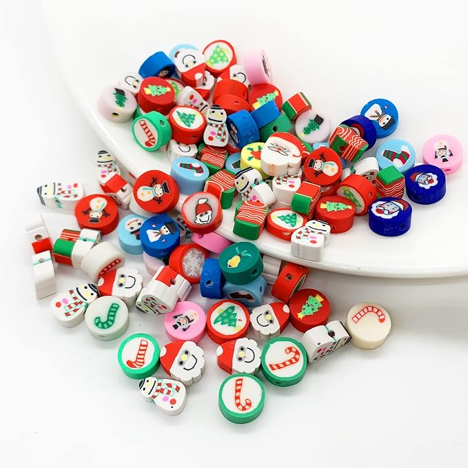 100 Pcs Christmas Polymer Clay Beads Cartoon Heishi Spacer Beads Supplies for DIY Bracelet Earring Necklace Jewelry Making
