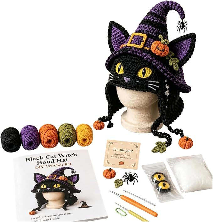 Halloween Hat DIY Crochet Kit, Fantasy Hood Hat DIY Crochet Kit, Cat