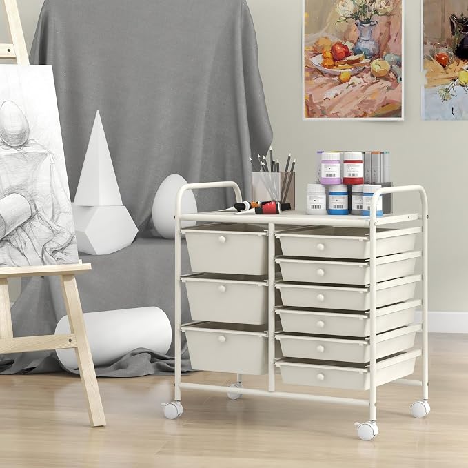Giantex 9 Drawers Rolling Cart, Classroom Organizers, Storage Cart with Wheels, for Teacher Office Home School Supplies Tool Craft Art Paper, Ivory