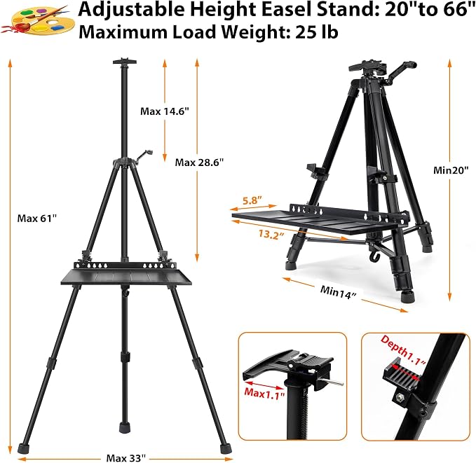 Easel Stand for Painting Artist Easel Stand Adjustable Height 20" to 61" Metal Tripod Art Easels Stand for Painting Canvases Tabletop Floor Art Easel Stand with Tray, Bag, Folding Keg, Black
