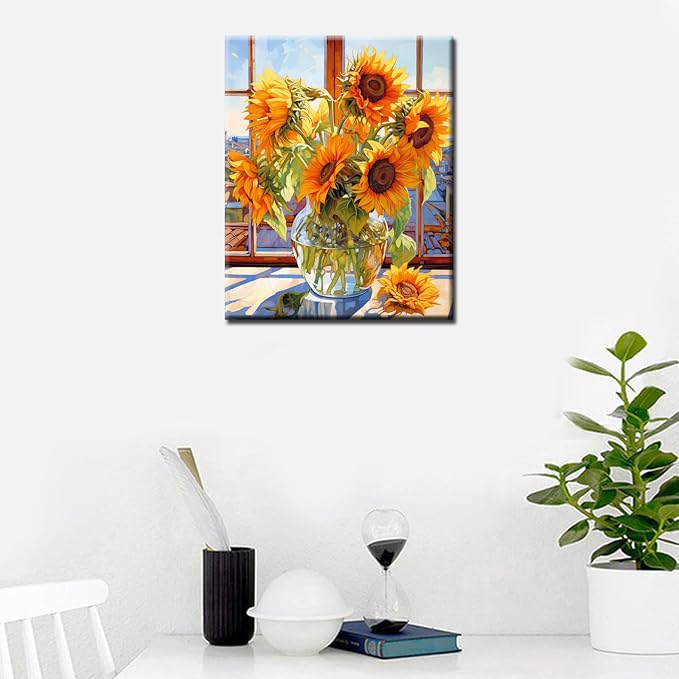 Tucocoo Sunflowers DIY Paint by Numbers for Adults Flowers in Glass Vase DIY Oil Painting Acrylic Paint Art Painting Kits Canvas with Acrylic Paint Floral Art 16x20 Inch （DIY Frame ）