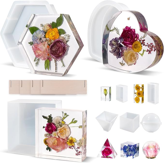 LET'S RESIN Deep Resin Molds, 8Pcs Flower Preservation Silicone Mold Set | Epoxy Resin Casting, Large Bouquet Keepsake Molds, Square, Hexagon & Heart Shapes, Silicone Molds for DIY Home Decor & Gifts