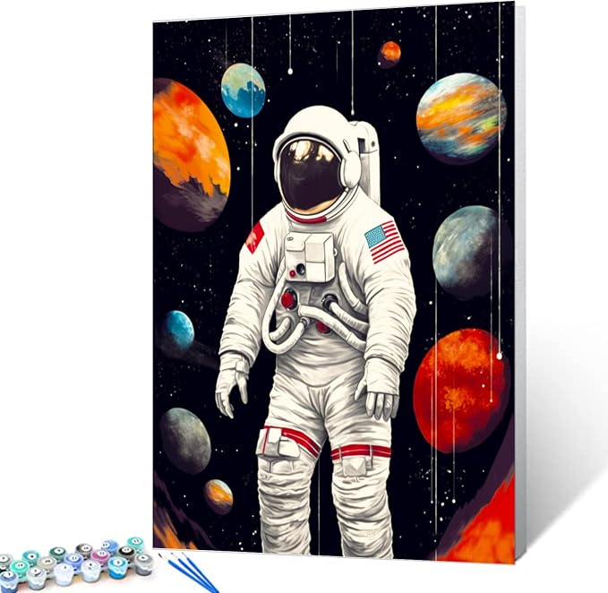 Tucocoo Planets and Astronaut Paint by Numbers for Adults Space DIY Paint by Numbers Acrylic Paint Canvas Kitchen Decor Funny Graffiti DIY Painting Kits Pop Art Graffiti Decor 16x20 Inch （DIY Frame ）