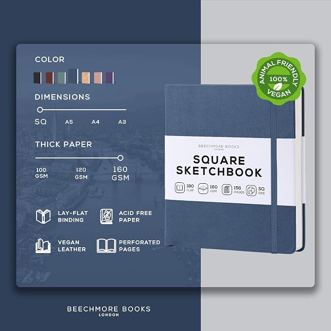 Beechmore Books 8x8 Square Mixed Media Sketchbook 160 GSM/98lb, Gift Box | Vegan Leather Hardcover Art Journal with Lay-Flat Binding, Perforated Ivory Pages for Drawing & Doodling