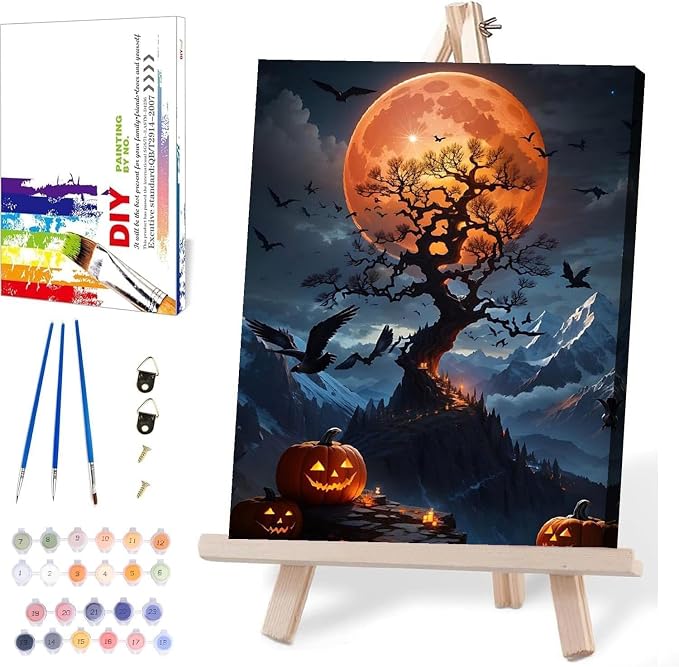 Halloween Paint by Numbers for Adults with Framed Canvas-with Wooden Easel,Paint by Numbers Kits Framed Canvas,DIY Acrylic Oil Painting Kits with Brushes Nice Gift Box for Home Wall Decor(12x16 Inch)