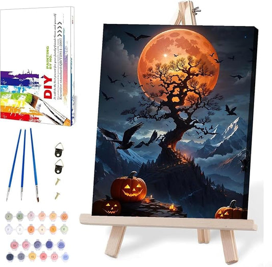 Halloween Paint by Numbers for Adults with Framed Canvas-with Wooden Easel,Paint by Numbers Kits Framed Canvas,DIY Acrylic Oil Painting Kits with Brushes Nice Gift Box for Home Wall Decor(12x16 Inch)