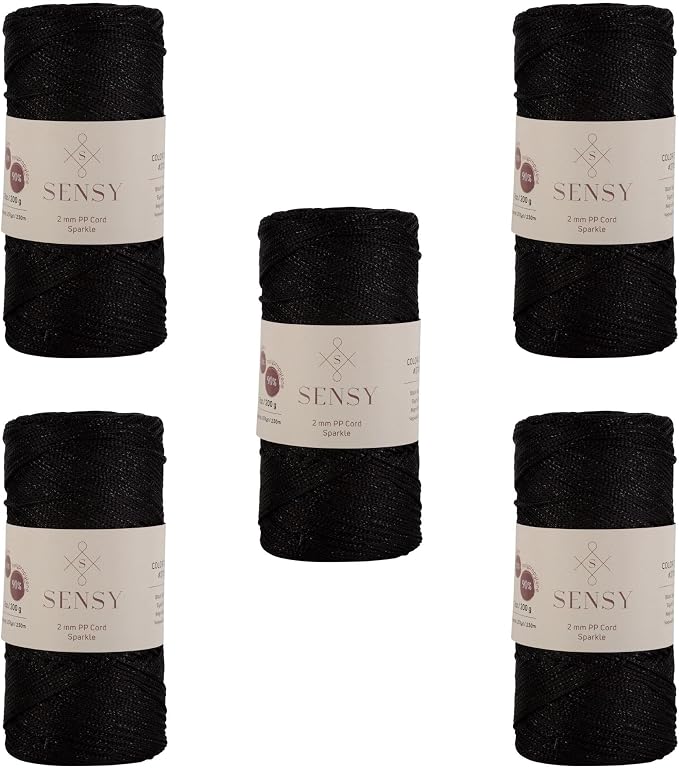 S Sensy 2mm Sparkle-Premium Polypropylene Macrame Cord 5 Pack Black Sparkle