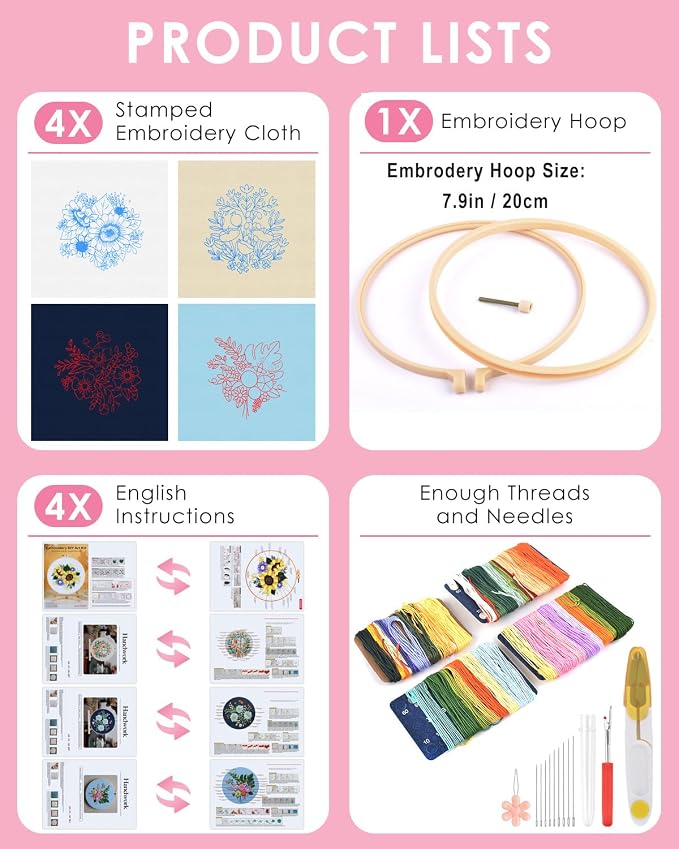 TINDTOP 4 Sets Embroidery Kit for Adults, Floral Embroidery Practice Kit for Beginners Include Embroidery Cloth Hoops Threads for Craft Lover Hand Stitch with Embroidery Skill Techniques