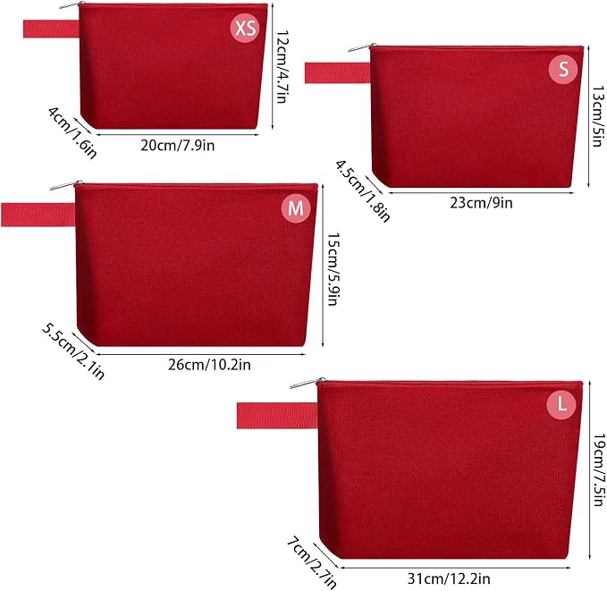 10 Pieces Cotton Canvas Makeup Bag with Bottom and Strap, Multi-Purpose Cosmetic Bag with Zipper Travel Toiletry Pouch, Blank DIY Craft Bag (Red, XS)