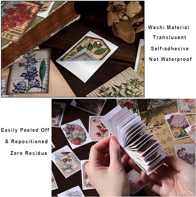 PRSTINCOL 300 Pcs Scrapbook Washi Stickers,Vintage Flower Butterfly Botanical Sticker Book for Junk Journal,Decorative Paper Stickers for Bullet Journal, Album, Collage, Planner, Gift Wrapping