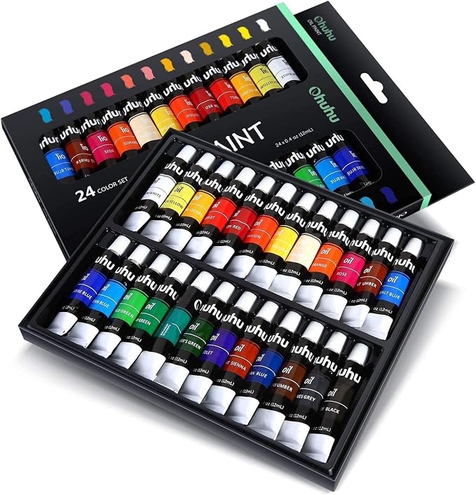 Ohuhu Oil Paint Set, 24 Oil-Based Colors, 12ml/0.42oz x 24 Tubes Non-Toxic | Oil Painting Set Supplies for Canvas Painting Artist Kids Beginners Adults Classroom DIY Art Supplies Gift