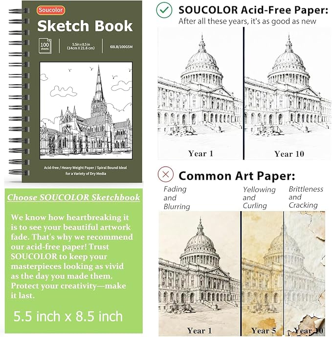 Soucolor Small Sketchbook 5.5" x 8.5", 2 Pack Mini White Sketch Book | Spiral-Bound Sketch Pads, 100 Sheets Acid-Free 68lb/100gsm Thick Drawing Paper for Kids Adults & Beginners Art Class Supplies