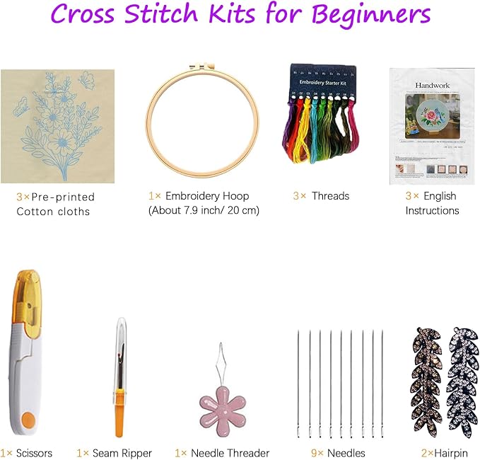 CHIYOSING Embroidery Kit for Beginners Adults, 3 Floral Pattern to Learn Over 30 Different Stitches,Includes Step-By-Step Instructions,Sharp Scissors and 2 Exquisite Hairpins and Multiple Accessories