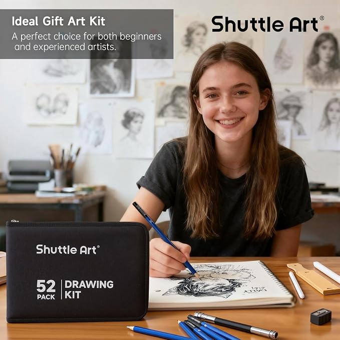 Shuttle Art 52 Pack Drawing Pencils Set, Professional Art Kit with Graphite Charcoal Sticks, Drawing Pad in Portable Case, Ideal for Kids and Adults Artists