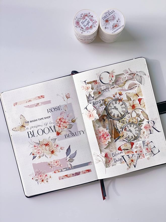 WT Pre-Cut Rosé Scripts Wide Washi Tape, Single Roll, Original Designs, Blush Floral & Handwritten Script, Japanese Decorative Paper Tape, Junk Journal Scrapbook Bujo Planner DIY Craft Supplies