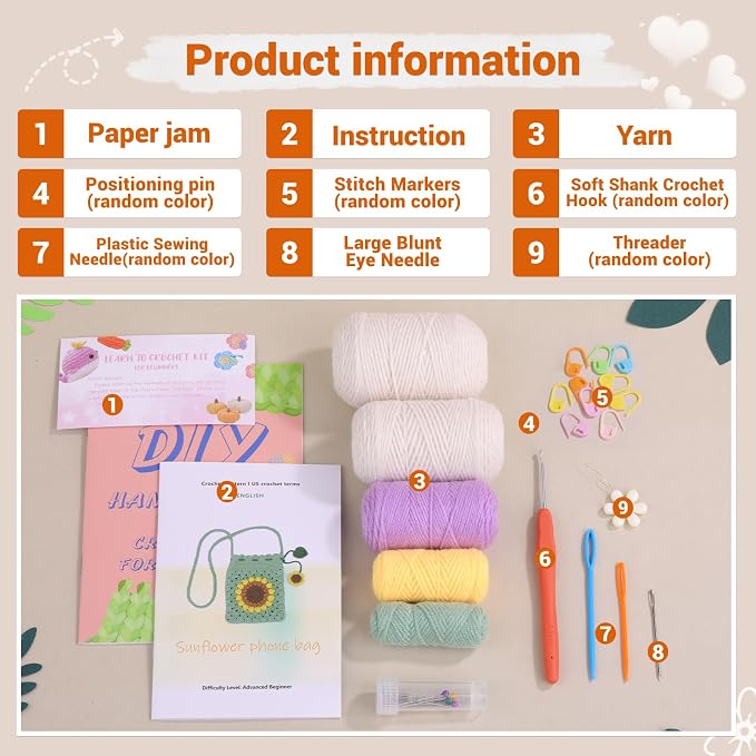 Fedmut Crocheted Starter Kit Phone Bag Crochet Kit with Yarn Hook for Adult