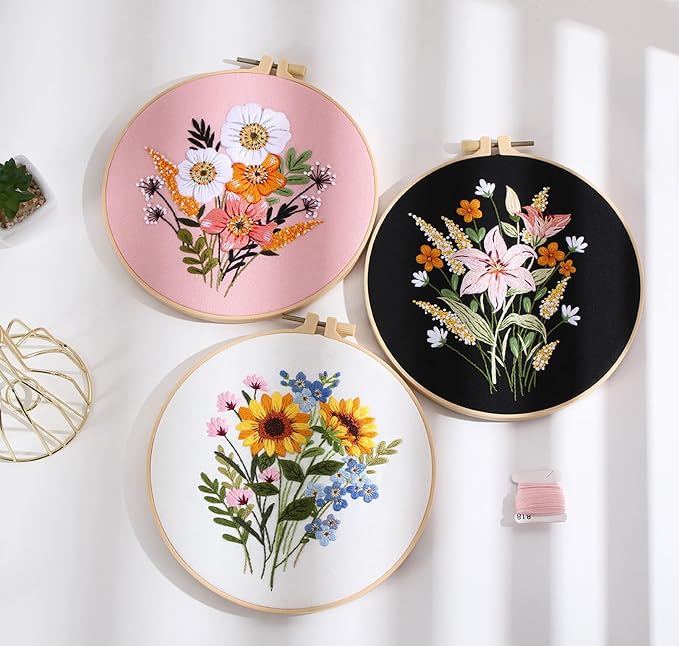 GLTAYLMY Embroidery Kit for Beginners Adults,3 Pack Cross Stitch Kits with 1 Plastic Embroidery Hoops,Needles and Color Threads,Needlepoint Kit for Hand Embroidery Starter