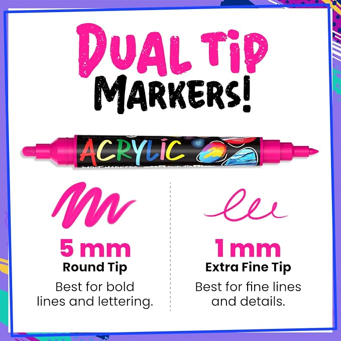 Chalkola 20 Dual Tip Acrylic Paint Markers for Canvas, Rock Painting, Wood | Acrylic Markers Kit for Ceramic, Glass, Fabric, Metal, Books - Permanent & Waterproof Fine Tip Paint Pens for Kids & Adults