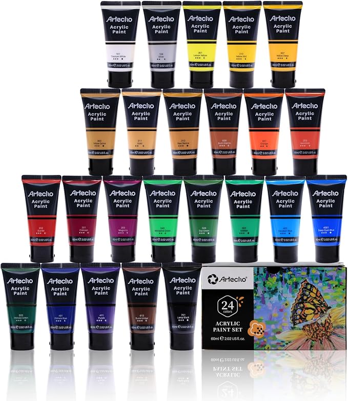 Artecho 24 Colors Acrylic Paint 60ml / 2.02oz Tube | Semi Glossy Finish, High Pigment Rich Color Craft Paint for Canvas, Rocks, Wood, Fabric, Ceramic, Non-Toxic