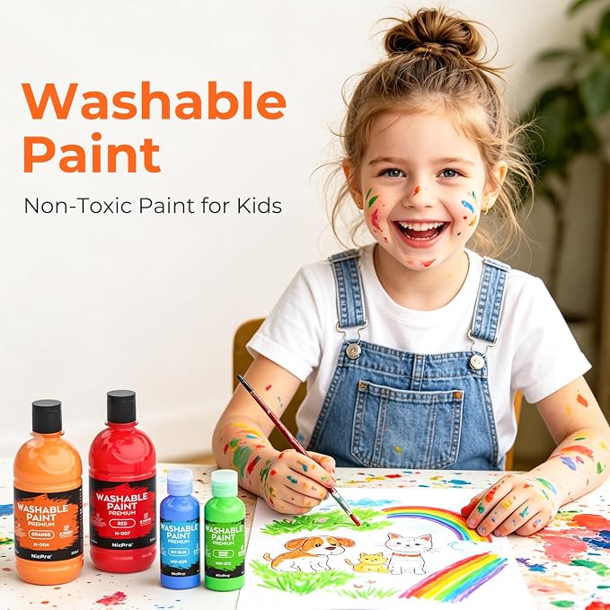 Nicpro 24 Colors Large Washable Paint Set for Kid (8.45oz), Acrylic Bulk | Paint Supplies Non Toxic Tempera Paint for Art, Craft DIY, Poster & Finger Paint, School, Home, Teacher Classroom Must Haves