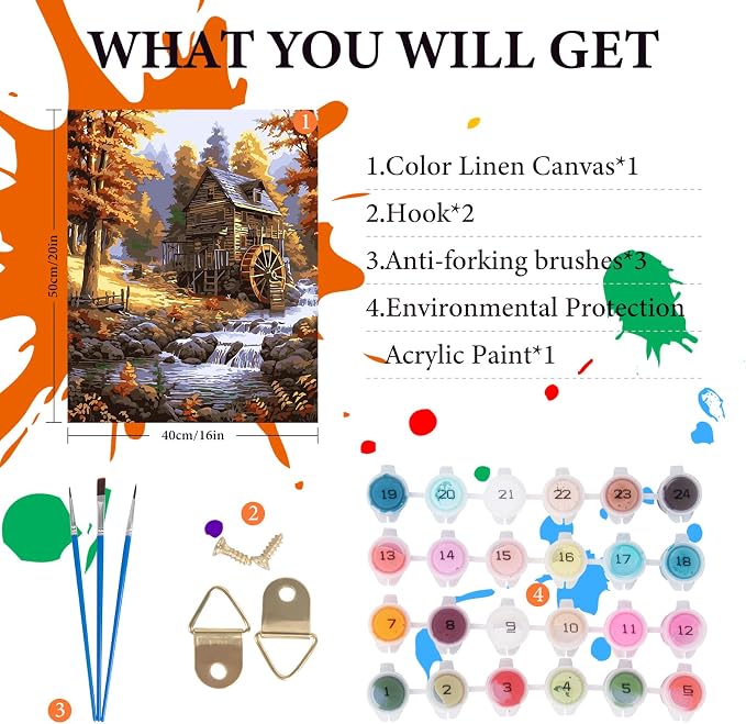 Fountor Fall Landscape Paint by Numbers Kit for Adults Beginner 16x20 Inch | DIY Acrylic Painting by Numbers Cabin in the Forest, Stream, Without Frame Canvas, Stress Relief Craft Kits, Home Decor Gift