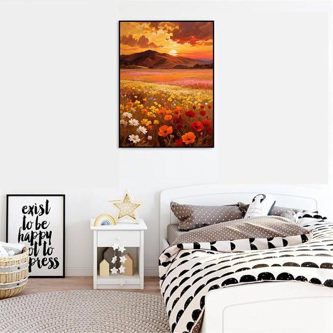 pchmcu Landscape Paint by Numbers Kit for Adults Beginner - Mountain Sunset Adult Paint by Number Kits on Canvas,Flower Oil Paint by Numbers for Home Decor Gift 16x20 inch