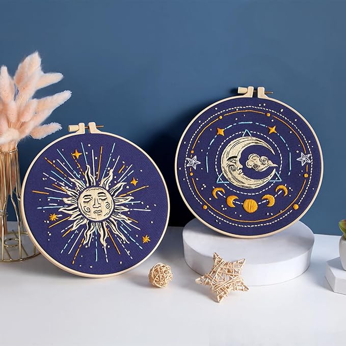Louise Maelys 3 Pack Tarot Sun Moon Embroidery Kit for Beginners Celestial | Cross Stitch Kit for Adults, Complete Starters DIY Needlepoint Kit with Sun Moon Star Evil Eye Pattern and Instructions
