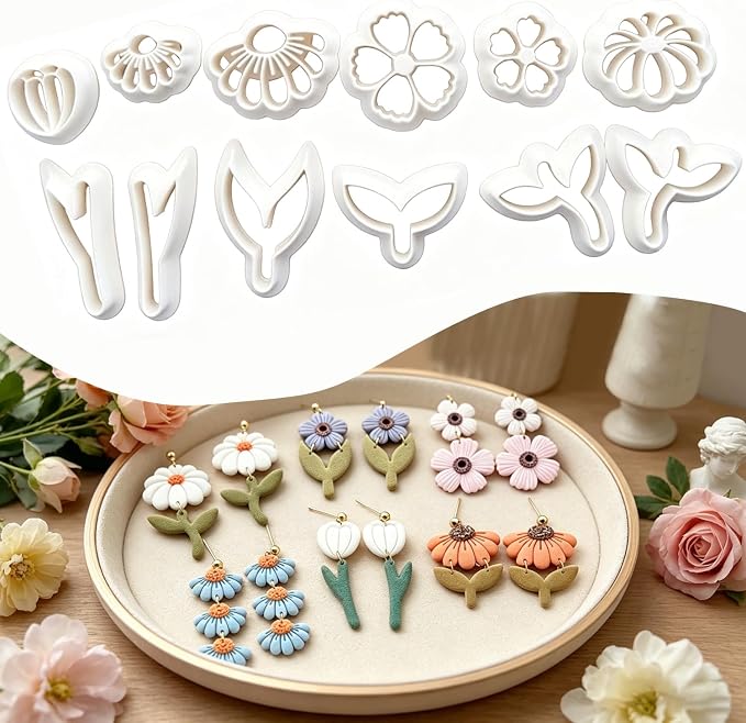 12 Pcs Floral Polymer Clay Cutters Set - Daisy & Flower Shaped Clay Cutters for Polymer Clay Jewelry Making, Fit Romantic Valentine's Day Gift for Wife, Friends & Sisters