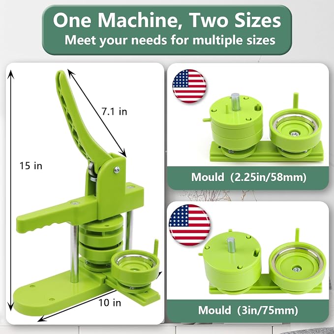 Happizza Button Maker Machine Multiple Sizes, Pin Maker Machine 2.25 inch+3 inch, Interchangeable Button-Models Badge Button Press Machine with 200 Sets 58mm+75mm Button Maker Supplies&Circle Cutter