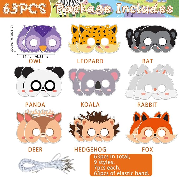 Lonfliness 63 Set Animal Coloring Mask Jungle Paper Crafts Kids Color Your Own Wild Blank DIY Mask Masquerade Birthday Party Dress-Up Decoration Favor School Classroom Activity Game Supplies Wildlife