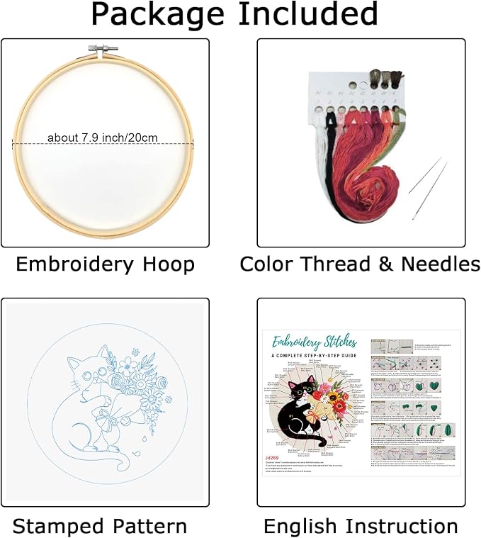 Nuberlic Embroidery Kits for Beginners with Cat and Flower Pattern | Cross Stitch Starter Craft Kits for Adults Including Cloth with Pattern, Hoop, Needles Instruction and Threads