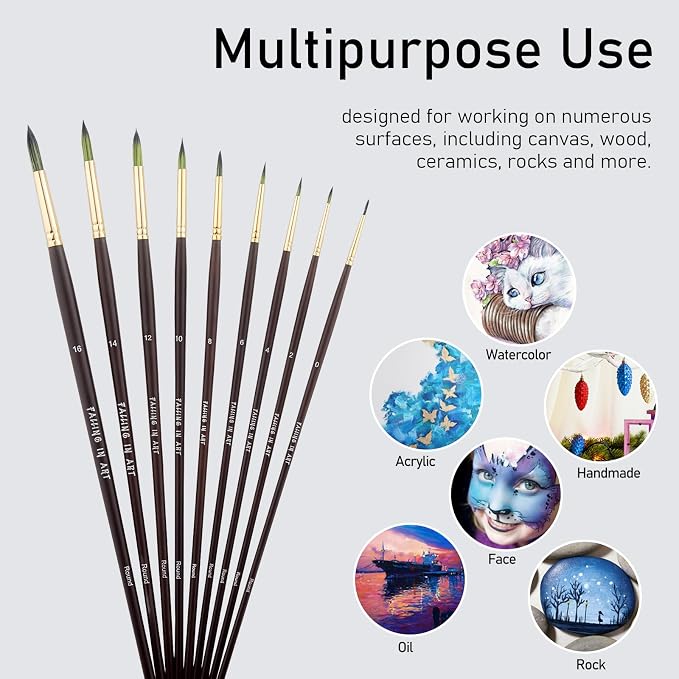 Falling in Art 9 PCS Long Handle Round Paint Brushes Set